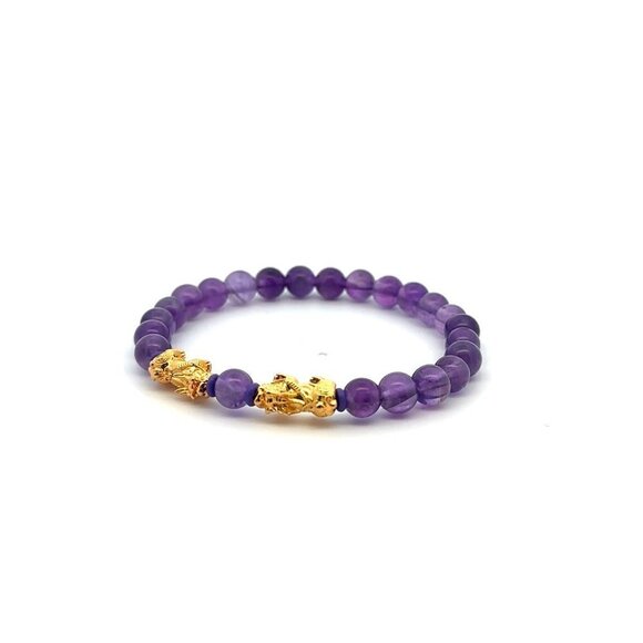 18K Gold Pixiu Double Piyao Bracelet Gemstones Amethyst February Birthstone 6mm - Picture 7 of 7